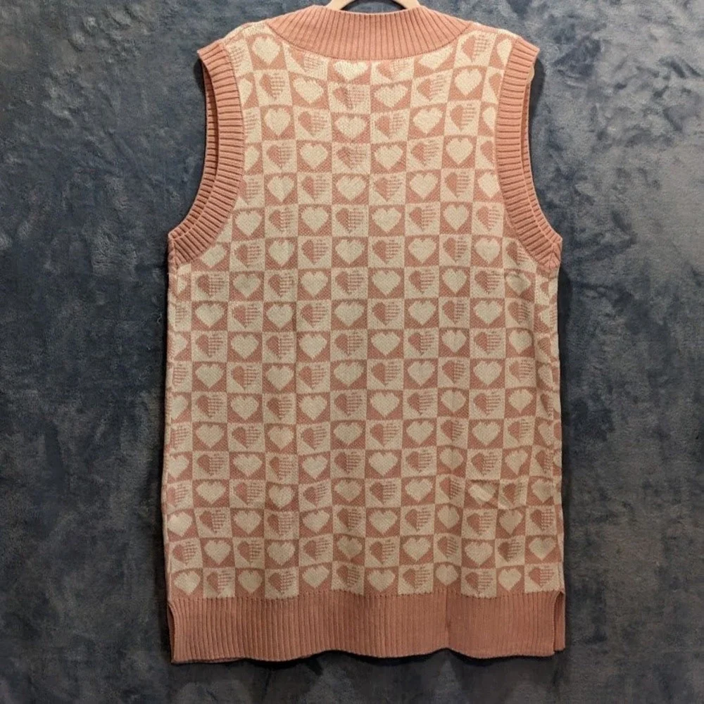 Zeagoo Womens Pink White Heart Checkered Sweater‎ Vest Dress V-Neck Knit 2XL NEW